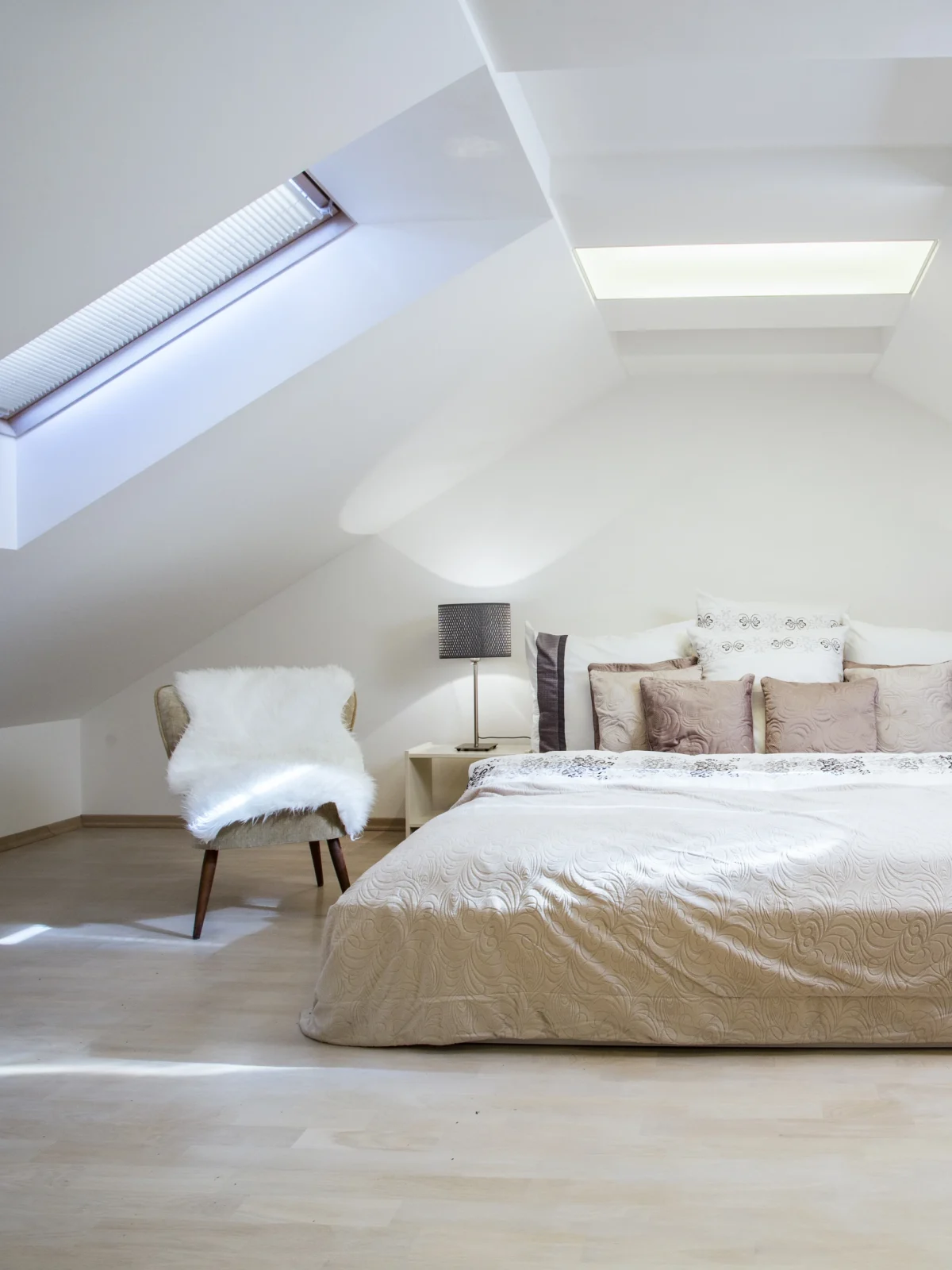 Converted loft bedroom with skylights completed by Renavo Build