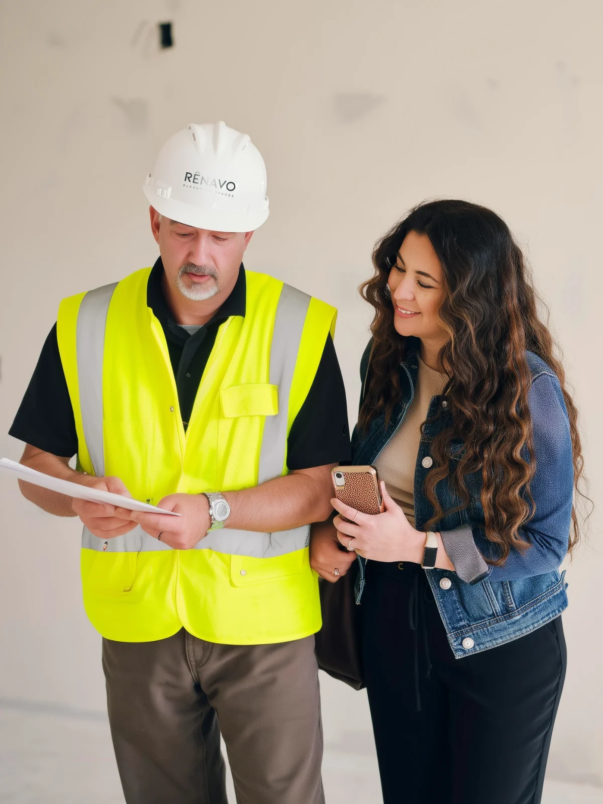 Construction manager from Renavo Build discussing plans with client