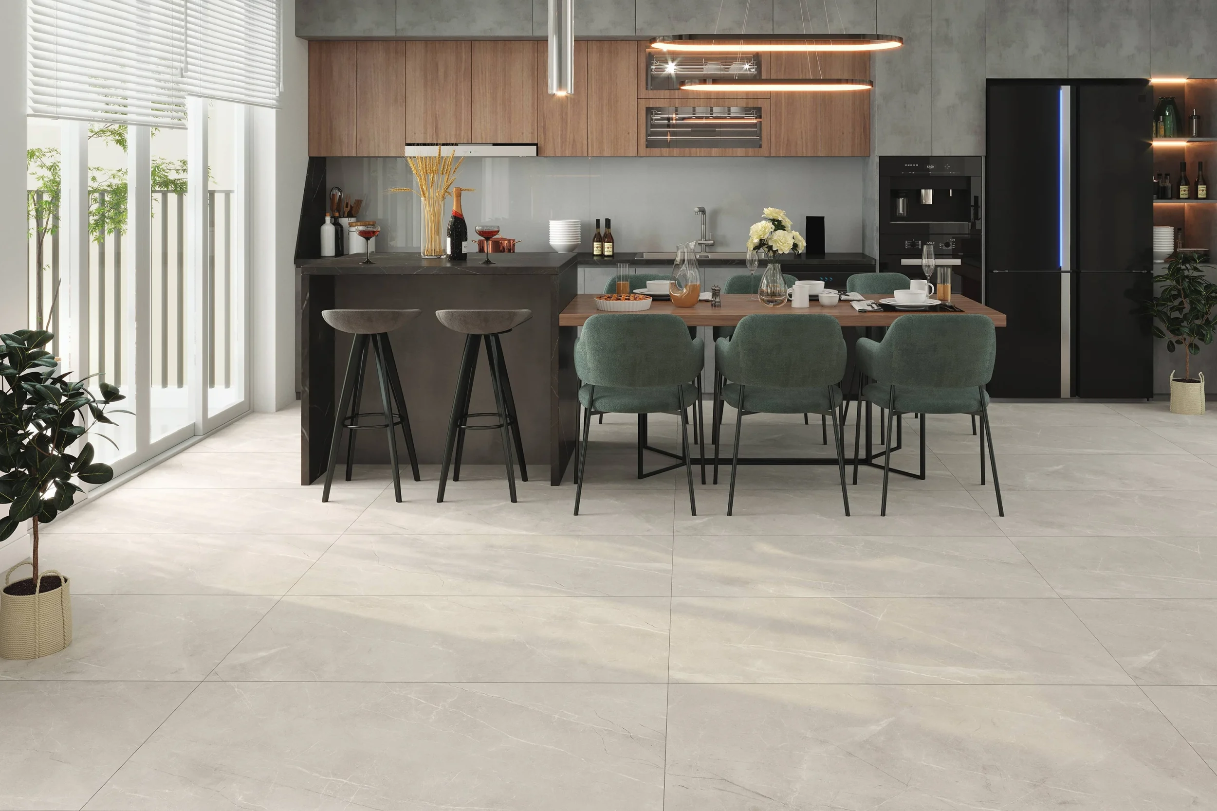 Contemporary open-plan kitchen and dining area with stylish furniture