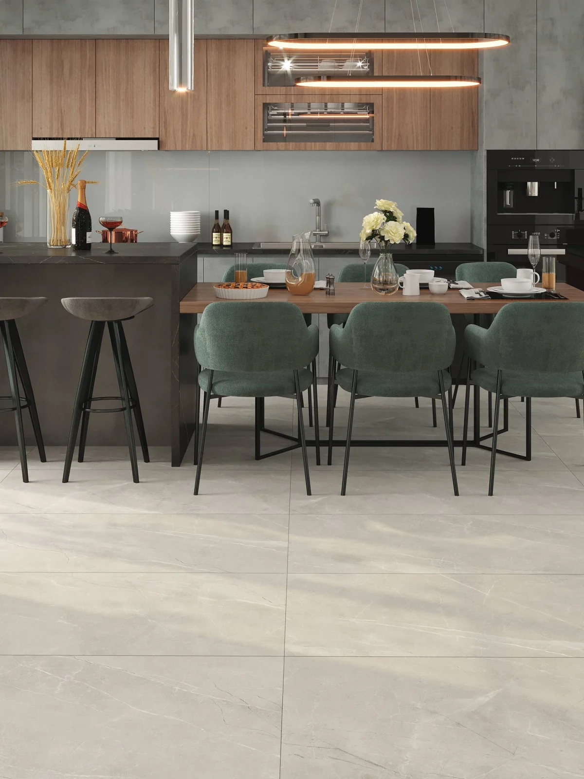 Contemporary open-plan kitchen and dining area with stylish furniture