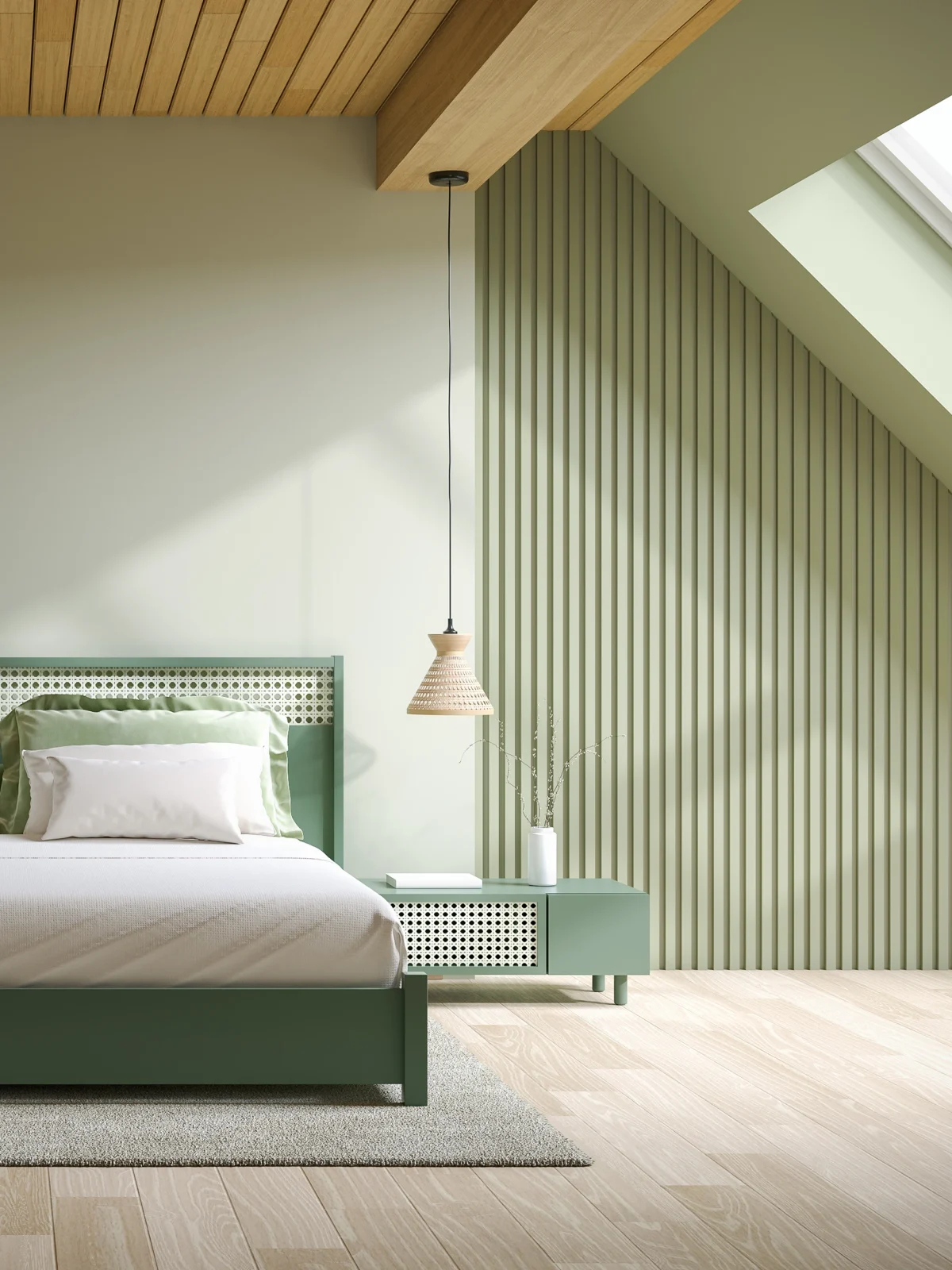 Stylish green loft bedroom with natural light after Renavo Build renovation