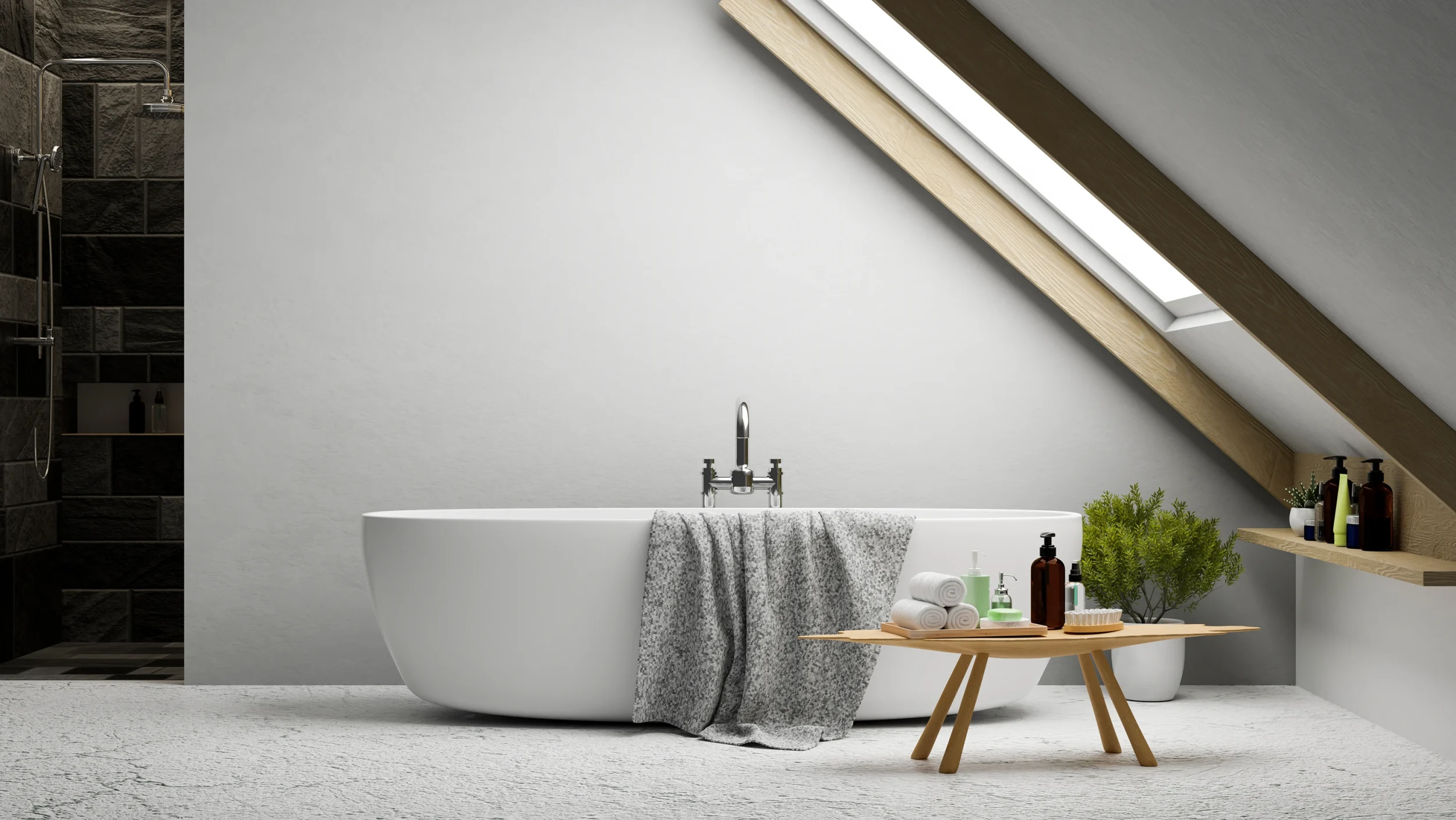 Modern loft bathroom conversion with freestanding bathtub by Renavo Build