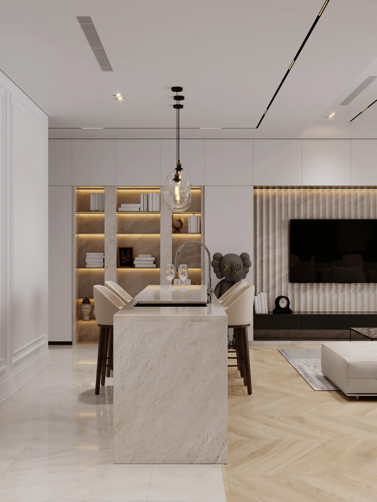 Luxury open-plan kitchen and living room with modern lighting and decor