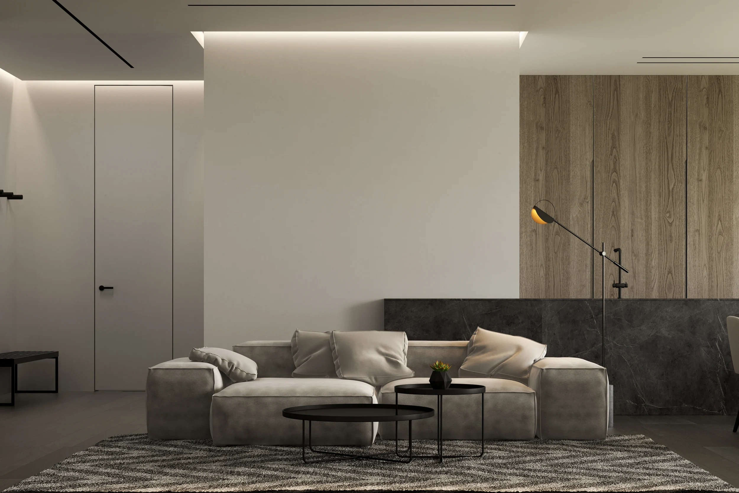 Modern living room with neutral sofa, wood paneling and elegant decor